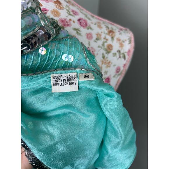 Vintage Aqua Blue Sequin Beaded Fringe Flapper Dress 1920s Costume sz Small Silk - Picture 11 of 12